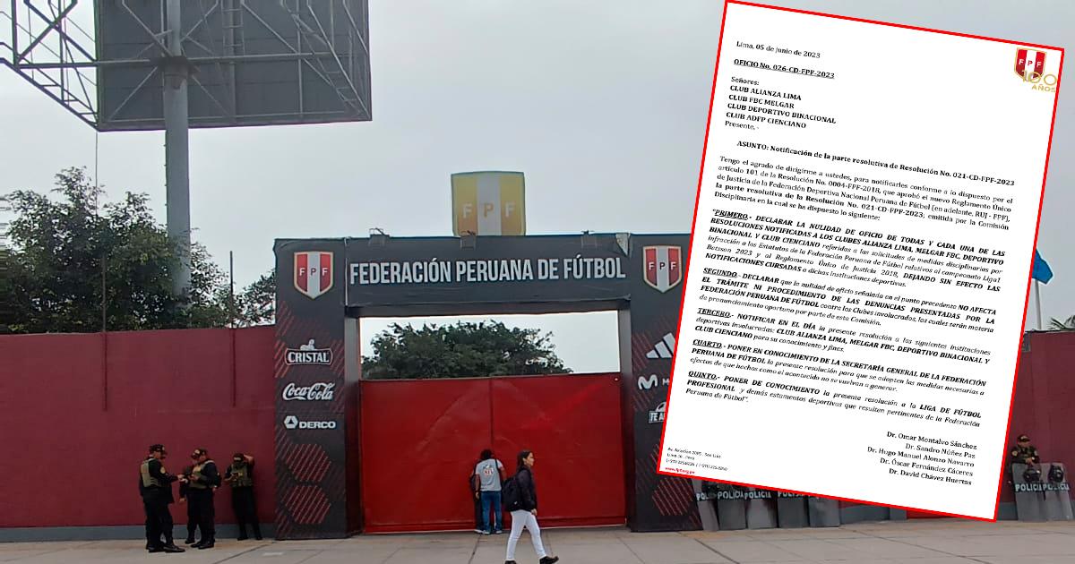 Comisión Disciplinaria de FPF declaró nulas las resoluciones que perjudicaban a 4 clubes
