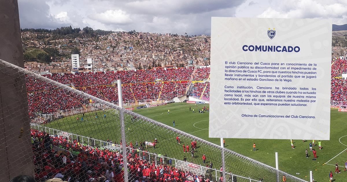 Cienciano mostró su molestia contra Cusco FC por impedir ingreso de instrumentos a su hinchada