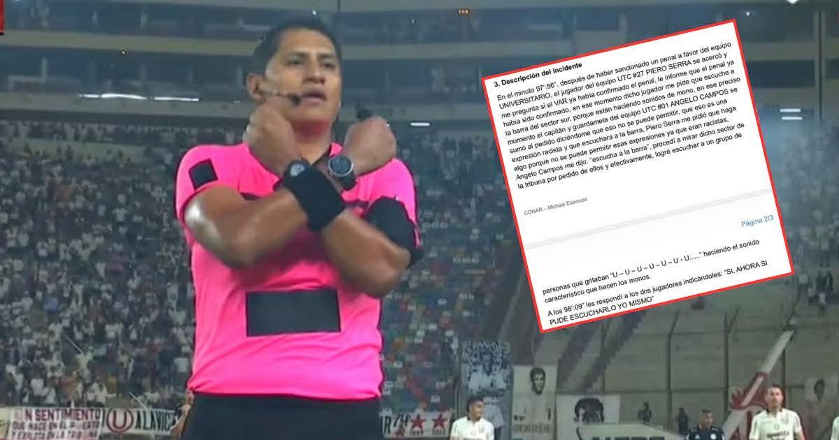 Conoce qué consignó árbitro Espinoza en su informe tras protocolo de racismo en el Monumental